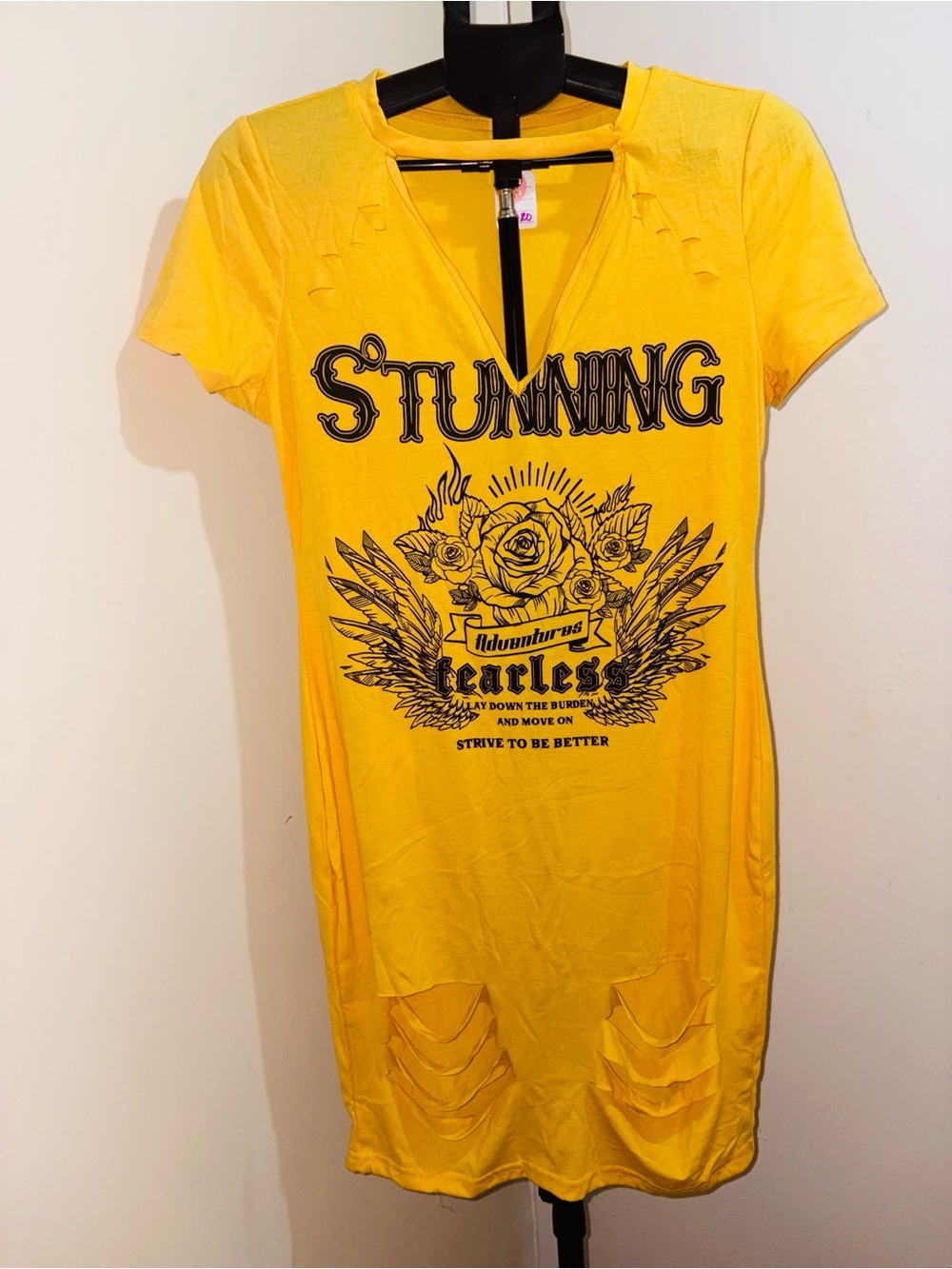 Plus Size Yellow Distressed Graphic T-Shirt Dress | Fearless Statement Dress